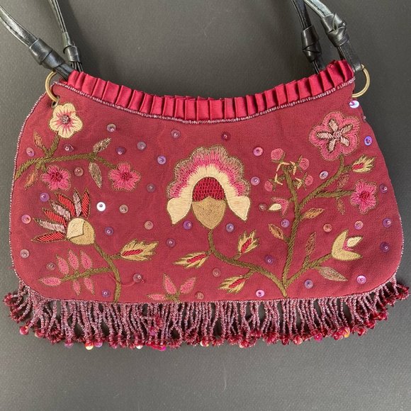 Express Handbags - Express Embroidered Floral Beaded Fringe bag